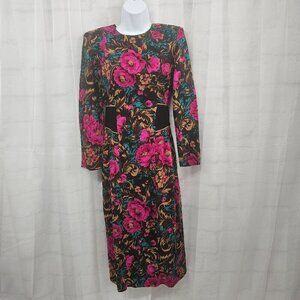Vintage SGS Studio Pink Black Floral Midi Dress Retro Boho Goth 8T